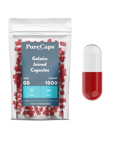 PureCaps USA - Empty Gelatin Capsules Size 00| 1,000 Joined Pills| Red/Clear| Non-GMO Certified | SLS, Gluten, Preservative Free