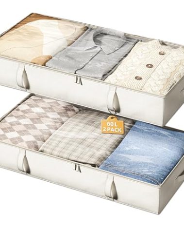 Vailando Storage Containers, 6 Inches Tall 60L Underbed Storage Bins with Sturdy Handles and Sidewalls, Closet Organizer for Clothes, Blankets, Seasonal Items, Beige, 2-Pack