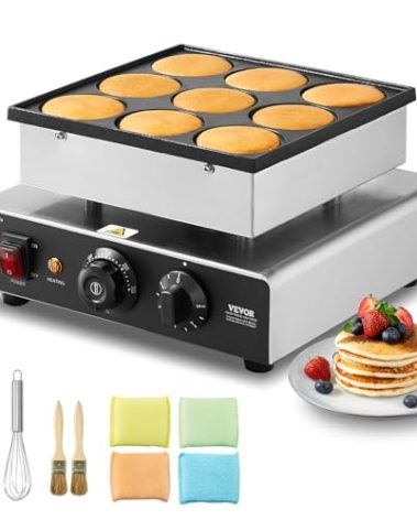 VEVOR Dutch Pancake Maker, 9PCS 76mm Diameter Dorayaki Baker Machine, 850W Commercial Electric Poffertjes Grill, Non-stick Stainless Steel, Temp & Time Control, for Home Kitchen Restaurant Snack Bar