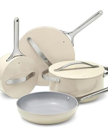 Caraway Non-stick Ceramic Cookware Set (12 Piece) Pots, Pans, Lids and Kitchen Storage - PFAS & PFOA Free - Oven Safe Pan Set & Compatible with All Stovetops - Cream