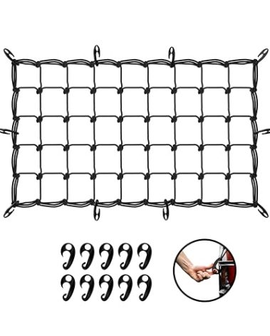 Mockins 36"x20" Heavy Duty Cargo Net for Pickup Truck Bed, SUV, & Car | 6mm Extra Thick & Elastic Bungee Net with Hooks - Stretches Up to 75"x40" | 4"x4" Mesh Square Cargo Netting for Any Load Size