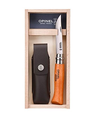 Opinel Carbon No. 8 Folding Pocket Knife with Sheath, Wooden Slide Gift Box