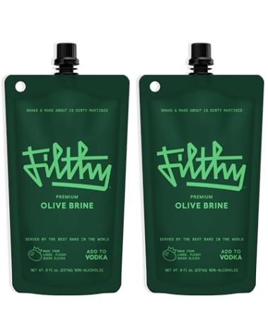 Filthy Olive Brine, Premium Cocktail Mixer, Filtered for Dirty Martinis, Olive Juice for Cocktails Made from Naturally Cured Olives, Non-Alcoholic, Non-GMO, Gluten Free, 8 Oz Pouch, 2 Pack