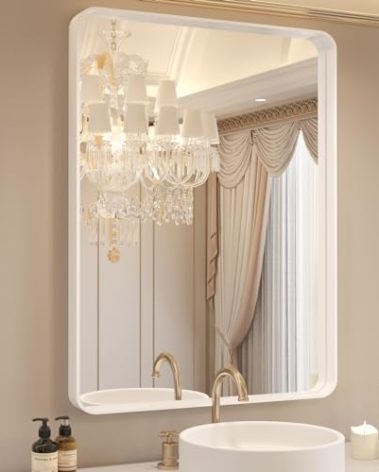 WEER White Bathroom Mirror 20X30 Inch, Rounded Rectangle White Metal Frame Mirror, Matte White Bathroom Vanity Mirror with Tempered Glass, Anti-Rust, Hangs Horizontally or Vertically