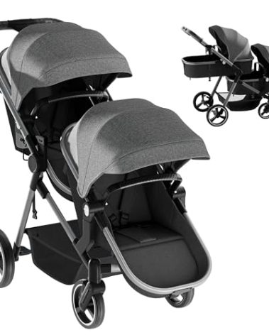 MU Double Stroller, Foldable Twin Tandem Stroller with Adjustable Backrest, Reversible Seat, 5-Point Harness, Storage Basket, Convertible Baby Bassinet for Infant and Toddler, Gray
