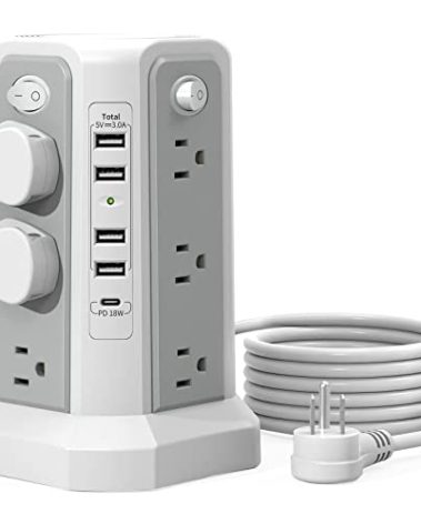 Surge Protector Power Strip Tower with USB C Port(PD18W),10FT Extension Cord with 12 AC Outlets 5 USB Charging Ports, PASSUS Power Tower Surge Protection for Home Office DormRoom