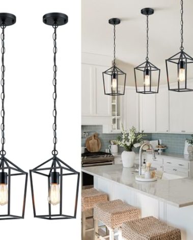 Sheetea 2-Pack Farmhouse Pendant Lights Kitchen Island, Black Pendant Light Fixtures Hanging Lamp for Dining Room, Modern Kitchen Pendant Lighting Over Island, Metal Cage Design