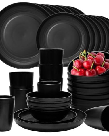 32Pcs Black Plates and Bowls Sets,Lightweight Plastic Dishes Set for 8,Unbreakable Dinnerware Sets,Reusable Plates Set,Dishwasher and Microwave Safe, Dish Sets for Outdoor Camping,RV