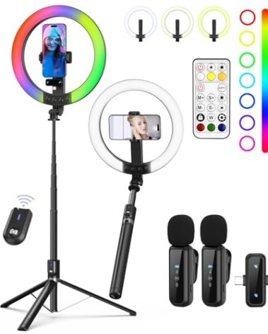 Yeaki Vlogging Kit for iPhone/Android - 10" Selfie Ring Light with 74" Tripod Stand & Phone Holder, Tripod for iPhone with Light and Microphone, YouTube Starter Kit for TikTok/Makeup/Content Creator