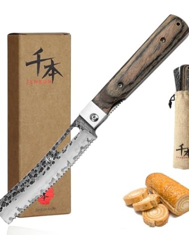 SENBON Forged 440A Stainless Steel Folding Bread Knife Colorful Wood Handle Camping Outdoor Portable Sawtooth Knife Pastry Knife