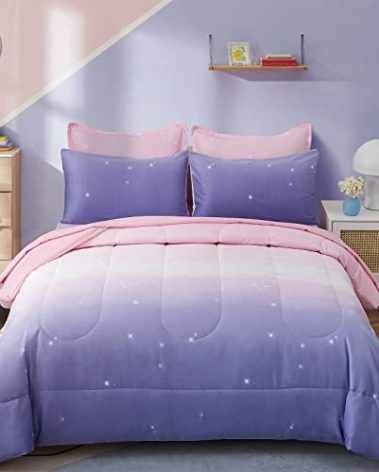 Girls Comforter Set Twin XL Size 6 Pieces Colorful Ombre Pink Purple Rainbow Bedding Set Bed in A Bag for Kids Teen Girls (1 Comforter, 1 Flat Sheet, 1 Fitted Sheet, 1 Pillow sham, 2 Pillowcases)