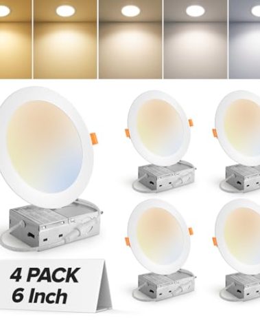 MAILCOS 4 Pack 6 Inch 5CCT Ultra-Thin LED Recessed Ceiling Light with Junction Box, 2700K-5000K Selectable, 1050LM High Brightness, Dimmable Canless Wafer Downlight, 12W 120V, ETL
