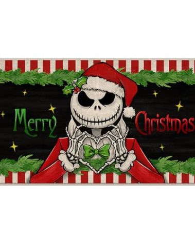 Pycat Merry Christmas Jack Decorative Front Door Mat, Xmas Doormat Indoor Outdoor Non-Slip Floor Entryway Rug, Winter Holiday Home Kitchen Decoration 17x29 Inch