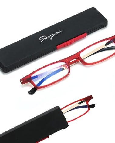 SKYOAK Ultra thin Lightweight Folding Reading Glasses Women Men TR90 Blue Light Blocking Anti UV/Eyestrain Foldable Compact Computer Readers Portable Unique Stretchable Slim Flat Case Red +3.5