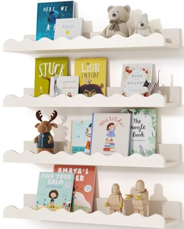 Kids' Bookshelf Set of 4 - White Floating Nursery Book Shelves, Picture Ledge Shelf for Wall Decor and Storage - Perfect for Books, Toys, Photo Frames, and Nursery Décor