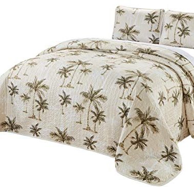 3-Piece Fine Printed Oversize (100" X 92") Tropical Palm Tree Queen Size Quilt Set Reversible Bedspread Coverlet Bed Cover (Beige, Sage Green, Brown)