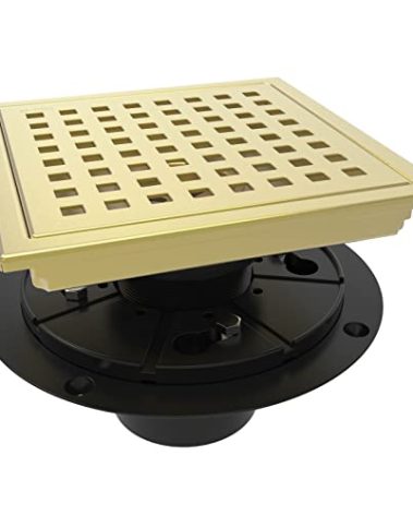 WEBANG 6 Inch Square Shower Floor Drain with Flange,Quadrato Pattern Grate Removable,Food-Grade SUS 304 Stainless Steel,Watermark&CUPC Certified, Brushed Gold