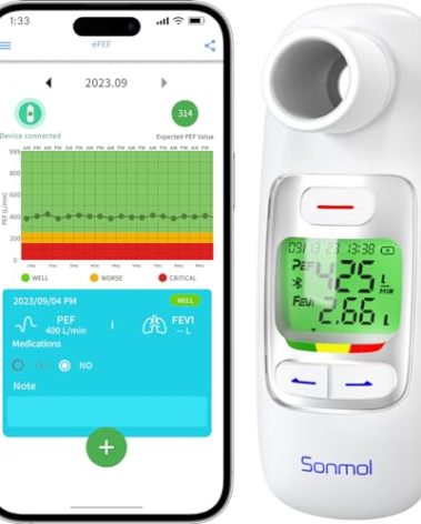 Upgrade Spirometer with Risk Indicator & 300 Records Storage, Portable Peak Flow Meter with Tracking App and Bluetooth Tests PEF & FEV1, Asthma COPD & Other Lung Conditions Monitor for Kids Adults