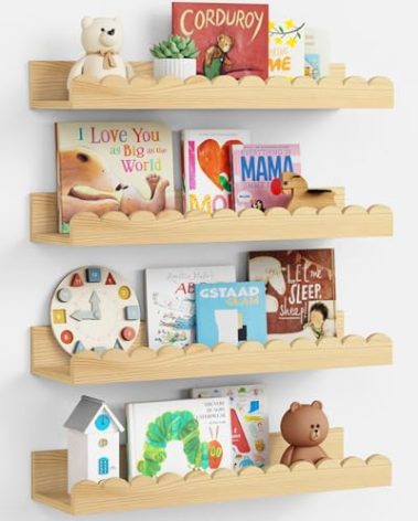 Harwaya Scalloped Nursery Bookshelf Wall Mounted 4-Pack, Natural Wood Floating Book Shelves for Wall, Cloud Wall Mount Bookshelves for Kids Bedroom, Baby Children Toddler Room (Natural Pine Wood)