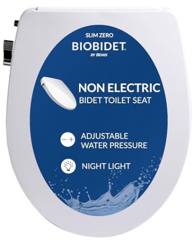 Bio Bidet Slim Zero Non Electric Bidet Toilet Seat Round, Low Profile Seat with Slow Close Lid, Battery Powered Night Light, Dual Nozzles, White