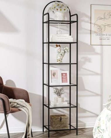 Hzuaneri Bookcase Bookshelf, Tempered Glass Bookshelves, Slim Shelving Unit for Bedroom, Bathroom, Home Office, Steel Frame, 6 Tier Black BC10601B