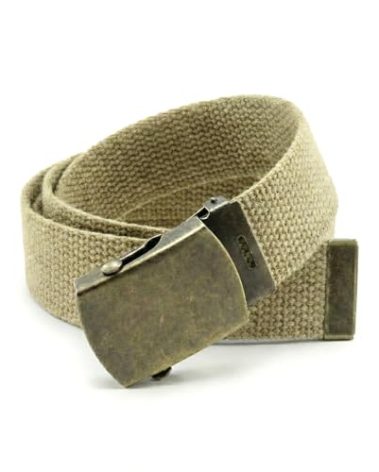 BC Belts Canvas Web Belt Military Style with Antique Brass Buckle and Tip 50" Long (Khaki)
