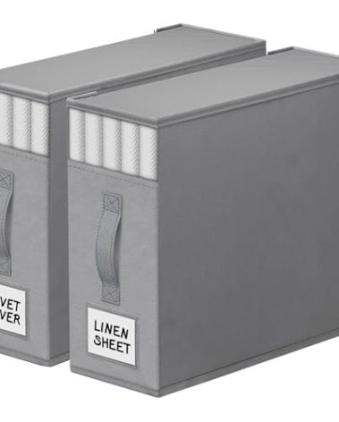 StorageTastic 2 Pack Bed Sheet Closet Organizers and Storage,Sturdy Foldable Storage Containers with Window and Label,Storage and Organization for Bedding Sheets,Duvet Covers,Blankets (Grey)