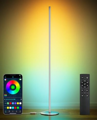 luckystyle Smart RGB Corner Floor Lamp,Bright LED Tall Modern Floor Lamp with APP and Remote,Ambient Lighting Color Changing Standing Lamps with Music Mode and Timing for Living Room,Bedroom Silver