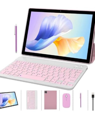 ZZB 2 in 1 Tablet with Keyboard Case Mouse Stylus Pen, 10 inch Tablet Android 14.0 Tablets PC Set, 8GB RAM+64GB ROM Tableta Computer 10.1" IPS Screen 2MP+8MP Dual Camera WiFi BT Tab Pink/Girls