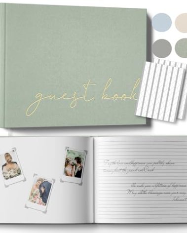 Wedding Guest Book for Memorial Service, Half Blank and Lined Guestbook Alternative with Table Sign, 108 Polaroid Photo Corners Stickers, Baby Shower, 100 Pages - Sage 8x10”