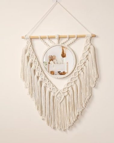 jontell Boho Round Wall Mirror Macrame Wall Hanging Circle Hanging Mirror for Over Sink Bedroom Living Room Apartment Entryway Girl Bedroom Decoration Vanity