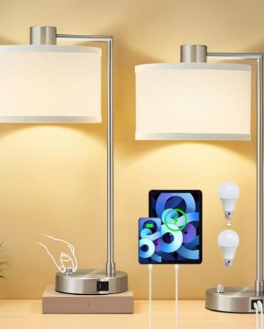 Luvkczc Table Lamps for Living Room with USB C+A Ports - Fully Stepless Dimmable Bedsides Lamp with Linen Lampshade, Lamps for Night Stands Bedroom Reading Office, 2 LED Bulbs Included (Silver)