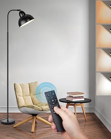 Feathmoo Floor Lamp with Remote, Modern Industrial Floor Reading Lamps for Living Room, 4 Colors Temperature Dimmable Standing Lamp, Black Metal Gooseneck Sofa Tall Lamp for Bedroom, Study Room