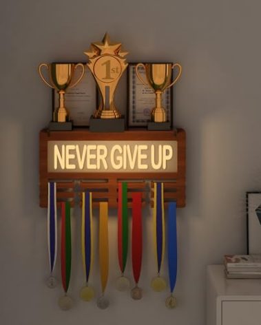 Ammonite Light up Medal Hanger Display, Holder Rack for Awards or Ribbons, Sports Themed Ribbon Holder for Wall, Tiered Award Rack (NEVER GIVE UP-2)