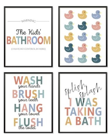 Locomiss Kids Rubber Duck Bathroom Set Wall Art Decor Posters, Toddler Kids Boys Girls Baby Bathroom Accessories Rules Decor Set, Wall Art for Toddler Boys Girls Accessories, Sets of 4 (8x10 Unframed)