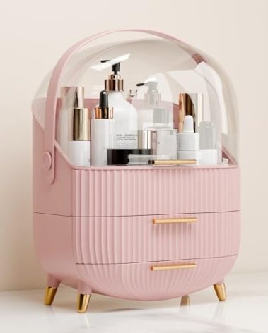 lurcns Makeup Organizer for Vanity Cosmetics Skincare Organizers with Lid and Drawers Display Cases for Countertop (Pink)