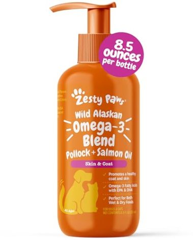 Zesty Paws Wild Alaskan Omega-3 Blend Pollock + Salmon Oil for Dogs and Cats- Skin and Coat Support, Omega 3 Supplement for Pets, 8.5oz