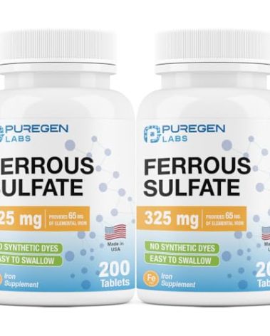 Puregen Labs Ferrous Sulfate 325 mg (65 mg Elemental Iron) High Potency Iron Supplement | No Artificial Color Additives - Total 400 Tablets Made in USA