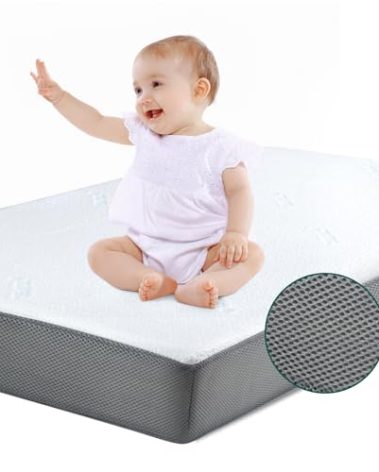 BABELIO Premium Memory Foam Crib Mattresses, 2-Stage, with Waterproof Lining & Removable Cover, for Standard Toddler Bed White and Grey