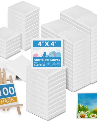 ESRICH Mini Canvases for Painting, 4x4In Canvas in Bulk 100 Pack, 2/5In Profile Small Square Canvas, Blank Canvases are Great for School Projects and Kids Birthday Parties, Home Decor Project.