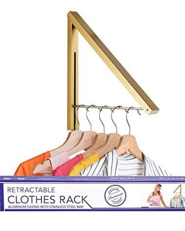 Single Foldable Clothing Rack, Wall-Mounted Retractable Clothes Hanger for Laundry Dryer Room, Hanging Drying Rod, Small Collapsible Folding Garment Racks, Dorm Accessories (Gold)