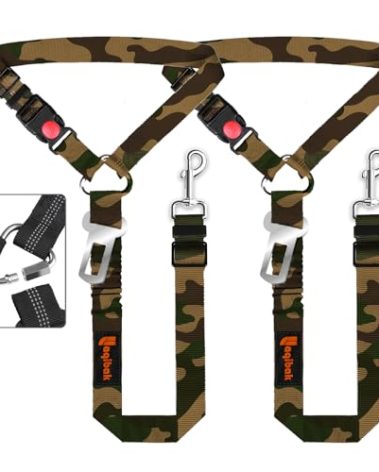 Removable Dog Seat Belt Harness for Car, 3 in 1 Pet Dog Car Seatbelt Leash, Retractable Restraint Secures to Vehicle Headrest & Adjustable Reflective Bungee Dog Seatbelt Tether, Camouflage