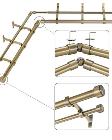 Mayrhyme Antique Bronze Double Corner Window Curtain Rods with Aluminum End Cap Finials and Brackets,1 Inch Diameter Dual Bay Window Curtain Rods, Adjustable 2 Sided 32-86 Inch Double Drapery Rod