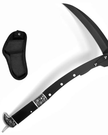 Folding Sickle, Two Section Foldable Scythe with Wooden Handle, Sheath, 2 Sections Foldable Sickle Knife, Weeder, Manual Garden Tool for Weeding Farming