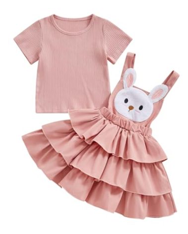 BeQeuewll Toddler Girl Easter Outfit Bunny Dress Solid Shirt Ruffle Tutu Skirt Kids Girls Overalls Dress 18M 2T 3T 4T 5T 6Y (Pink, 3-4 Years)