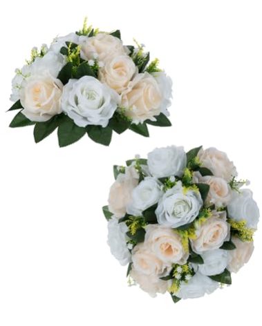 Flower Balls Wedding Rose Centerpieces: 2 Pcs Fake Flowers with Base Kissing Balls Decor Champagne White Artificial Floral Arrangements Flower Bouquet of Roses Home Party Table DIY Decorationss