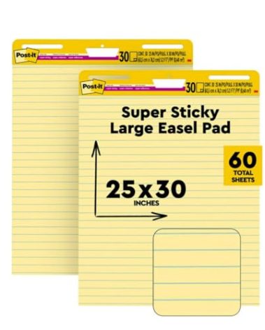 Post-it Super Sticky Easel Pad, 25 in x 30 in Sheets, Yellow Paper with Lines, 30 Sheets/Pad, 2 Pads/Pack, Great for Virtual Teachers and Students (561)