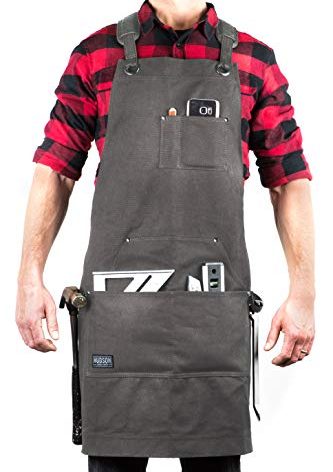 Hudson Durable Goods Deluxe Edition Waxed Canvas Tool Apron for Men and Women, Heavy Duty Work Apron with Pockets for Tools, Adjustable Crossback Straps - Grey