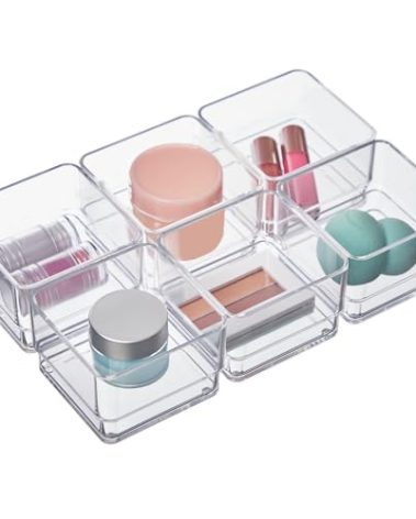 STORi SimpleSort 6-Piece Stackable Clear Drawer Organizer Set | 3" x 3" x 2" Square Trays | Small Makeup Vanity Storage Bins and Office Desk Drawer Dividers | Made in USA