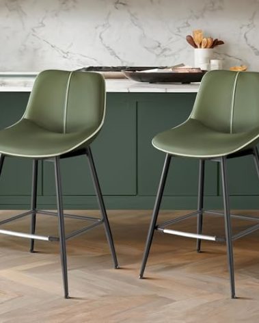 VASAGLE Bar Stools Set of 2, Counter Height Bar Stools with Back, Ergonomic Backrest, Synthetic Leather, Metal Legs, 24.4-Inch Tall Barstools for Kitchen Island Home Bar, Easy Assembly, Forest Green